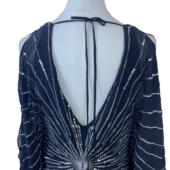 BCBGMAXAZRIA  Black Sequined Chiffon Top Blouse Small Starburst Design Sz S - Picture 4 of 8